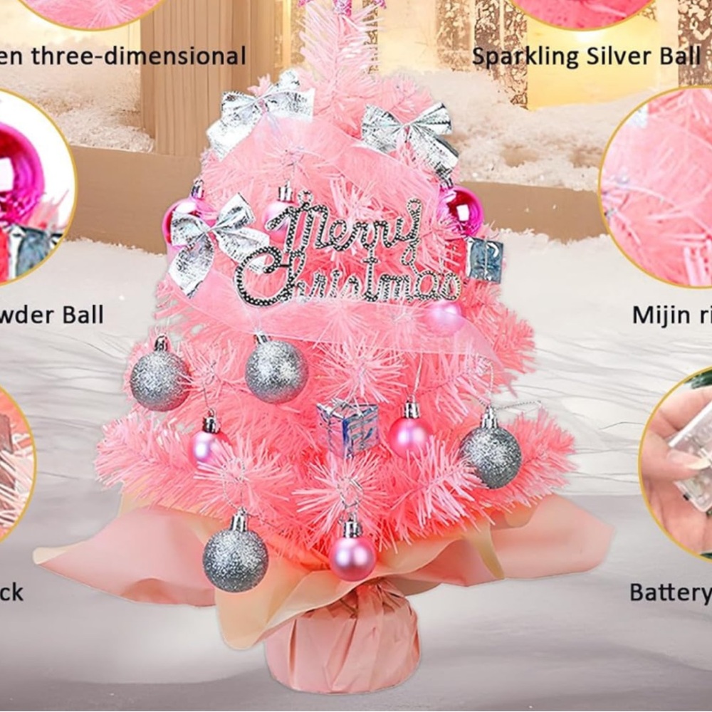 Pink 20” Mini Christmas Tree with Ornaments and lights.
